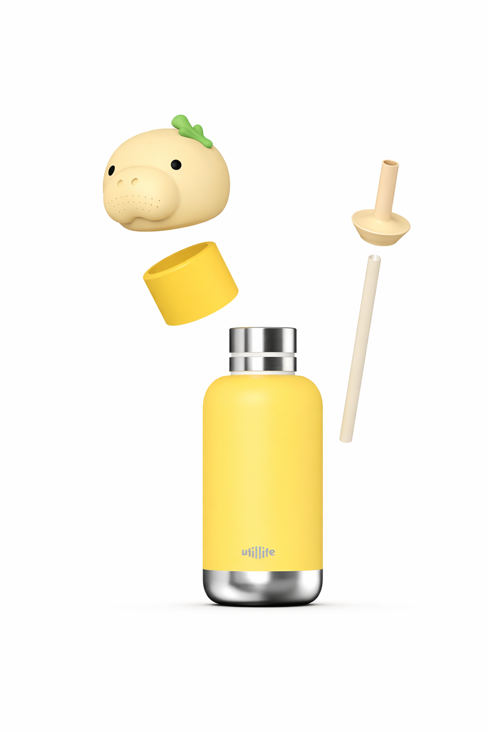Gigi Dugong kids water bottle - stainless steel insulated drink bottle for children - Exploded - lid off, straw -  Pijo Australia