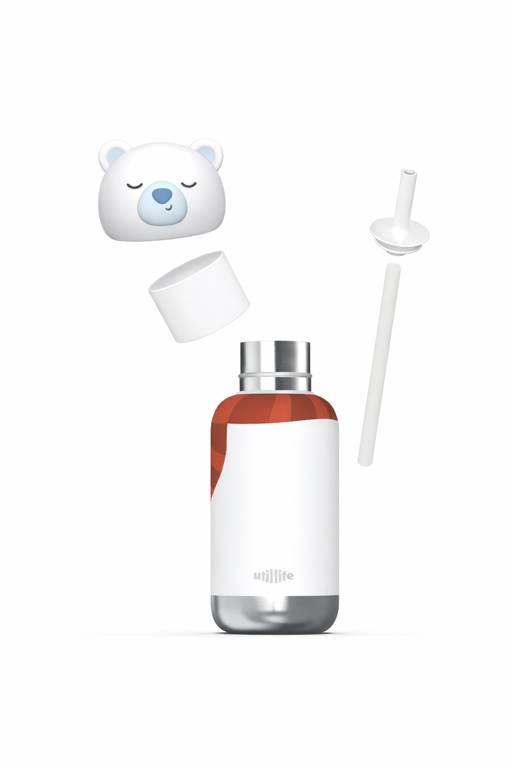 Sugar Polar Bear kids water bottle - stainless steel insulated drink bottle for children - Exploded - lid off, straw -  Pijo Australia