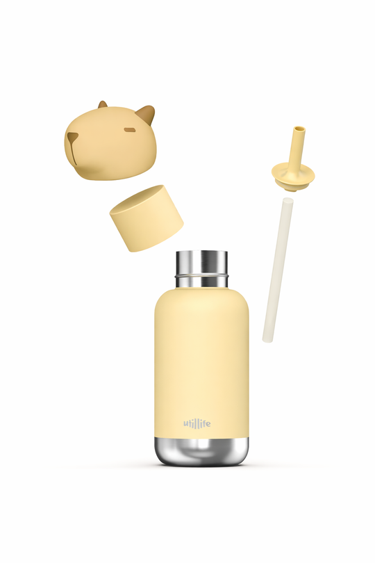 Cappy Capybara kids water bottle - stainless steel insulated drink bottle for children - Exploded - lid off, straw -  Pijo Australia