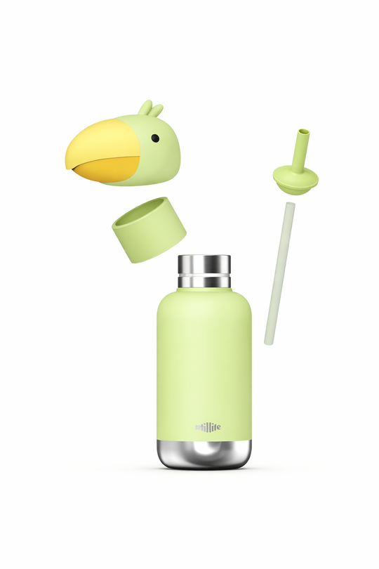 Gabby Toucan kids water bottle - stainless steel insulated drink bottle for children - Exploded - lid off, straw -  Pijo Australia
