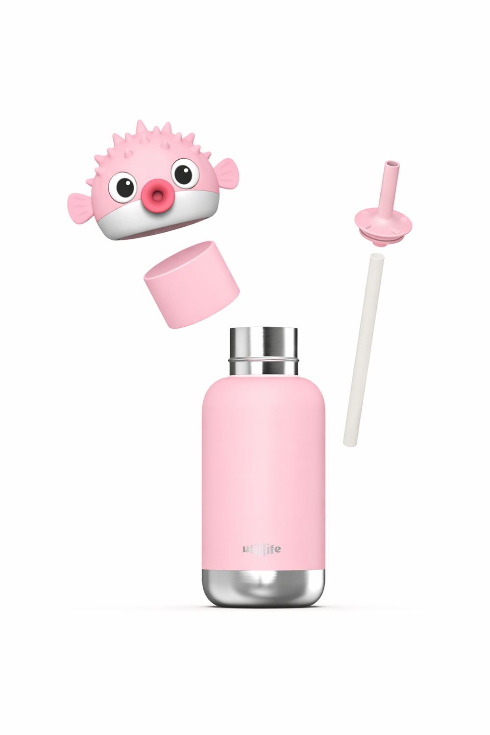 Tonny Pufferfish kids water bottle - stainless steel insulated drink bottle for children - Exploded - lid off, straw -  Pijo Australia