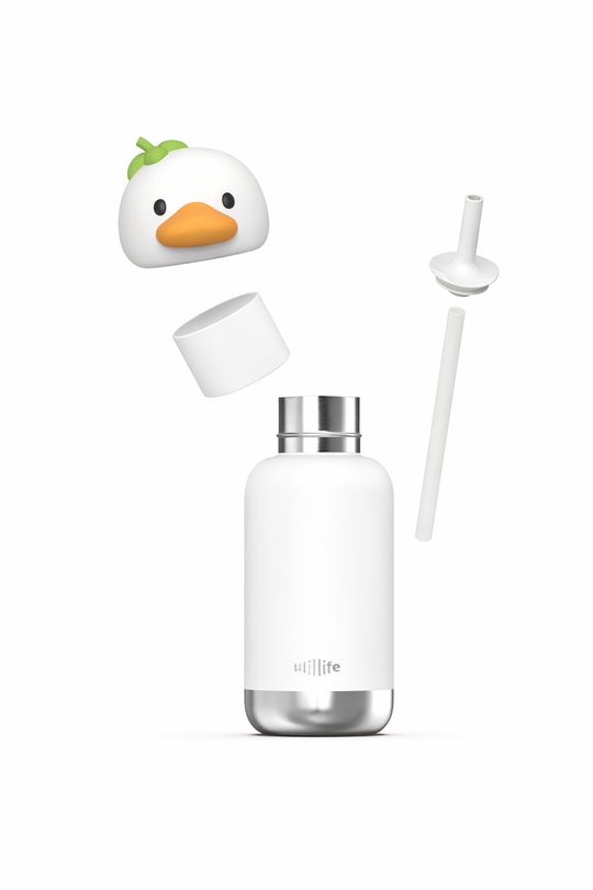Belle Duck kids water bottle - stainless steel insulated drink bottle for children - Exploded - lid off, straw -  Pijo Australia