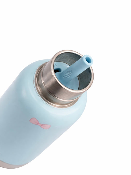 Close-up top view of the Pijo double-wall insulated kids water bottle, showing the stainless steel interior and removable pink silicone straw for easy cleaning.
