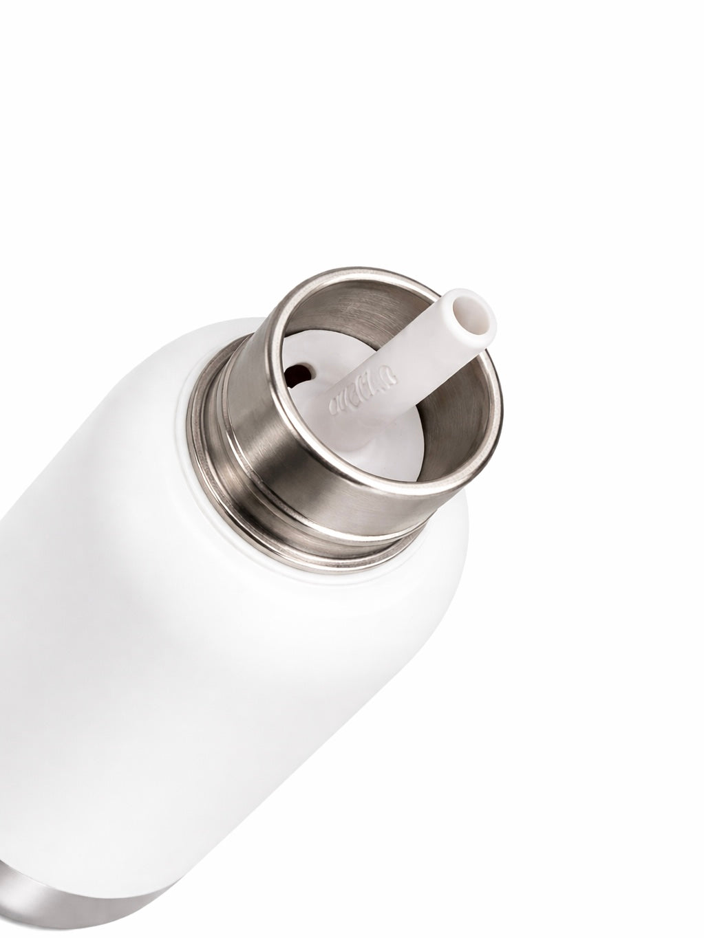 Close-up top view of the Pijo double-wall insulated kids water bottle, showing the stainless steel interior and removable pink silicone straw for easy cleaning.