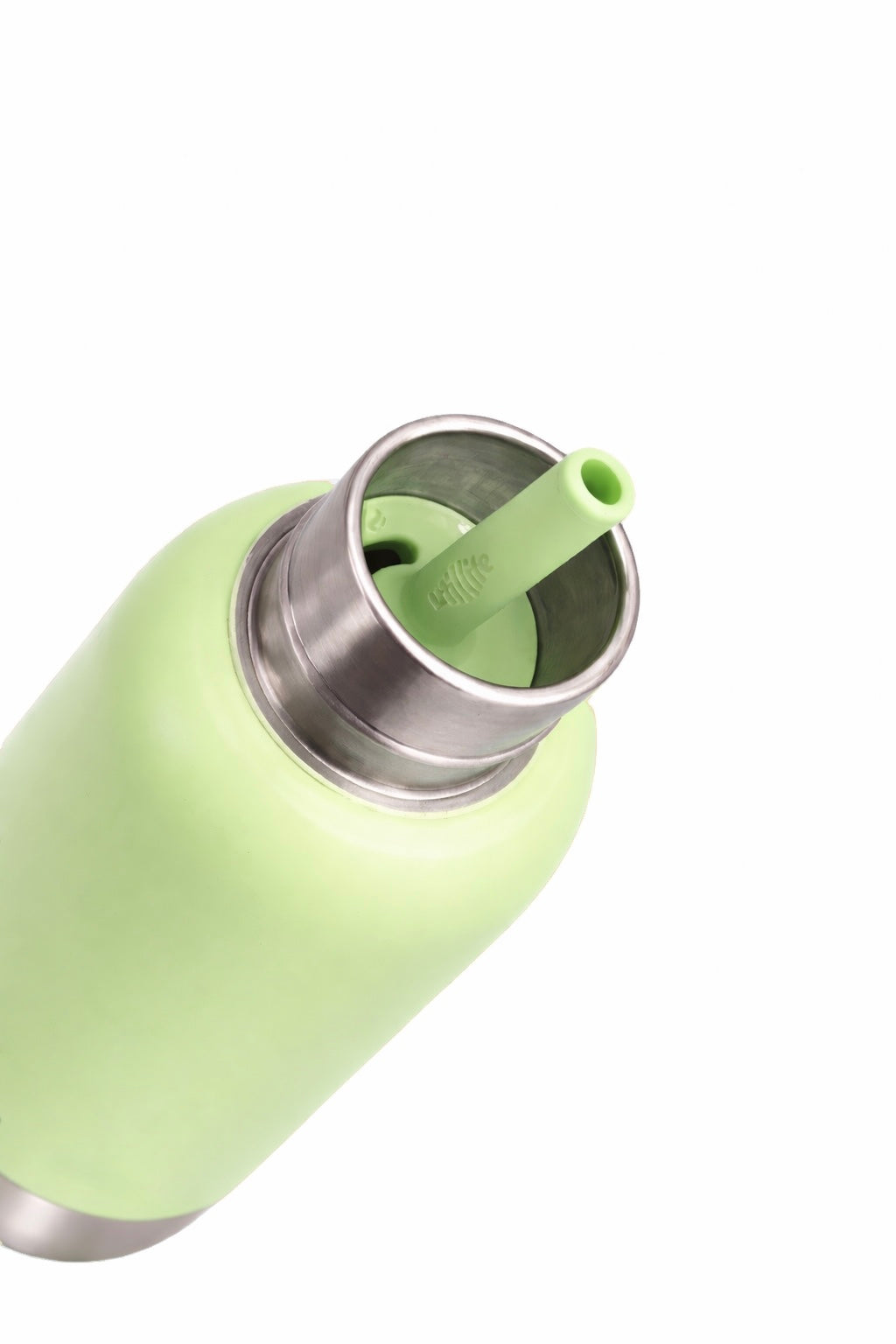 Close-up top view of the Pijo double-wall insulated kids water bottle, showing the stainless steel interior and removable pink silicone straw for easy cleaning.