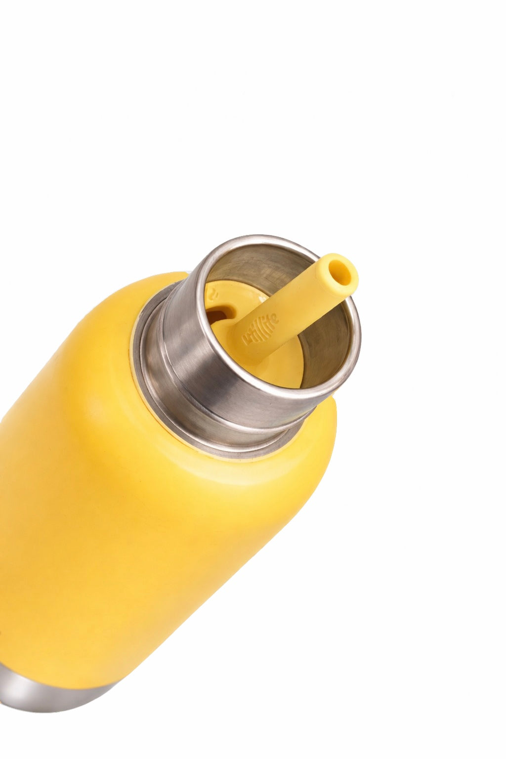 Close-up top view of the Pijo double-wall insulated kids water bottle, showing the stainless steel interior and removable pink silicone straw for easy cleaning.