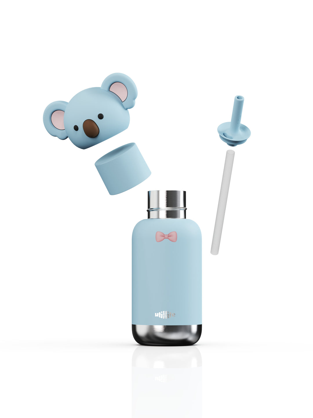 Milo Koala kids water bottle - stainless steel insulated drink bottle for children - Exploded - lid off, straw -  Pijo Australia